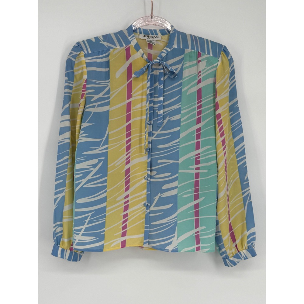 Vintage Jordan Blouse Striped Pastel Tie Neck Button Down Long Sleeve Top Sz 7/8